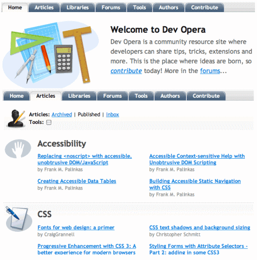A dev.opera navigációja a website különböző részein is egyforma